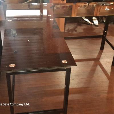 Black glass topped L-Shaped Office / Computer desk with Metal frame