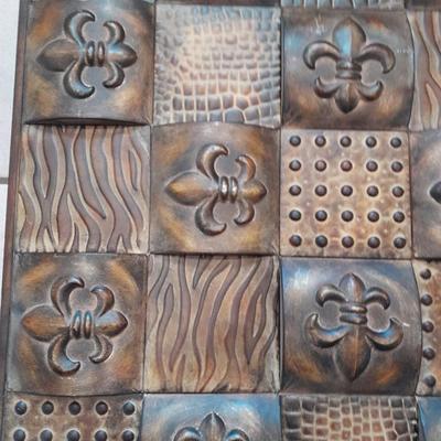 Large Embossed Metal Decorative Wall Plate With 3 Distinct Geo Designs Fleur-de-Lis