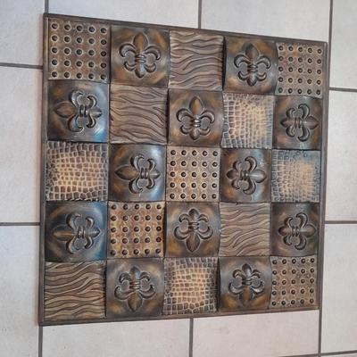 Large Embossed Metal Decorative Wall Plate With 3 Distinct Geo Designs Fleur-de-Lis