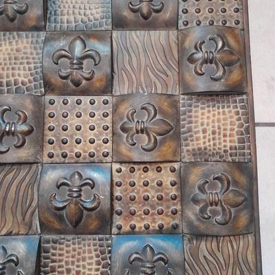 Large Embossed Metal Decorative Wall Plate With 3 Distinct Geo Designs Fleur-de-Lis