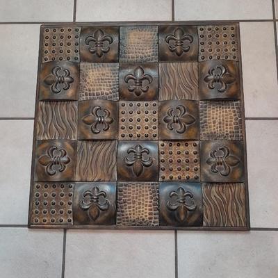 Large Embossed Metal Decorative Wall Plate With 3 Distinct Geo Designs Fleur-de-Lis