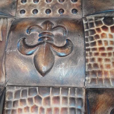 Large Embossed Metal Decorative Wall Plate With 3 Distinct Geo Designs Fleur-de-Lis