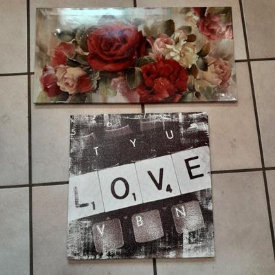 Two canvas wall hangings Roses and LOVE