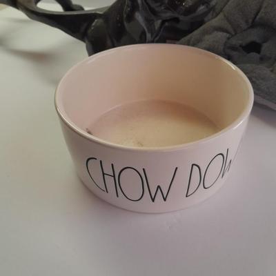 Dachshund Cast Iron Dog Food & Water Bowl Holder - Rae Dunn CHOW bowl and Dog coat