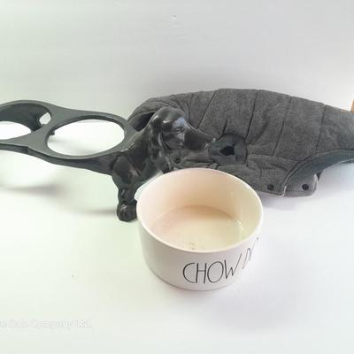 Dachshund Cast Iron Dog Food & Water Bowl Holder - Rae Dunn CHOW bowl and Dog coat