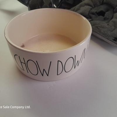 Dachshund Cast Iron Dog Food & Water Bowl Holder - Rae Dunn CHOW bowl and Dog coat