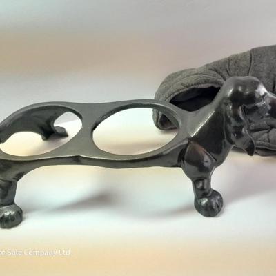 Dachshund Cast Iron Dog Food & Water Bowl Holder - Rae Dunn CHOW bowl and Dog coat