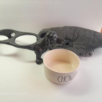 Dachshund Cast Iron Dog Food & Water Bowl Holder - Rae Dunn CHOW bowl and Dog coat