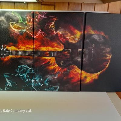 Three-piece Flaming Guitar canvas wall art