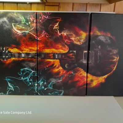 Three-piece Flaming Guitar canvas wall art