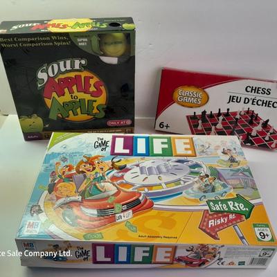 Three board games - Sour Apples to Apples - Chess - Game of Life