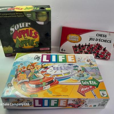 Three board games - Sour Apples to Apples - Chess - Game of Life