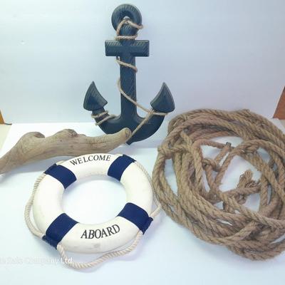 Nautical home Decor - Welcome Aboard Life ring - wooden Anchor and Rope with driftwood