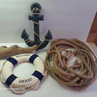 Nautical home Decor - Welcome Aboard Life ring - wooden Anchor and Rope with driftwood