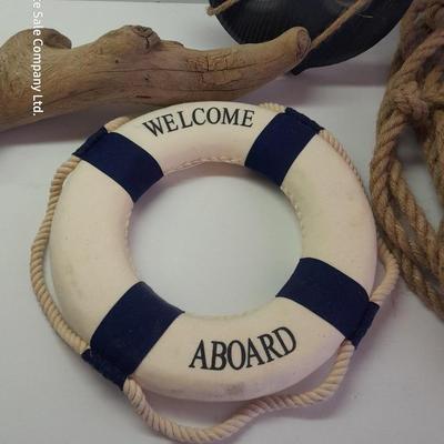 Nautical home Decor - Welcome Aboard Life ring - wooden Anchor and Rope with driftwood