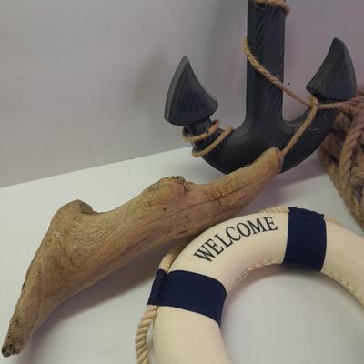 Nautical home Decor - Welcome Aboard Life ring - wooden Anchor and Rope with driftwood