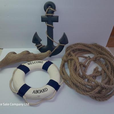 Nautical home Decor - Welcome Aboard Life ring - wooden Anchor and Rope with driftwood
