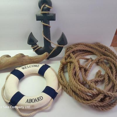 Nautical home Decor - Welcome Aboard Life ring - wooden Anchor and Rope with driftwood