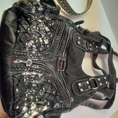 Angel Barcelo hobo bag style black tie dye like purse with Rhinestone BLING Guess Belt