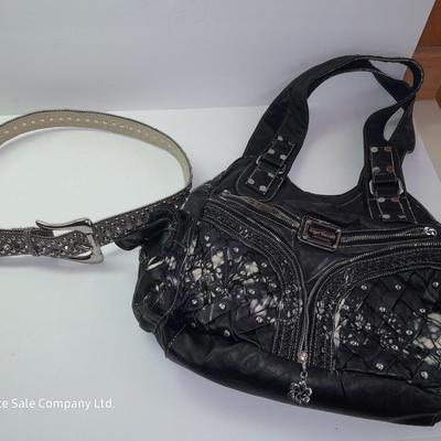 Angel Barcelo hobo bag style black tie dye like purse with Rhinestone BLING Guess Belt