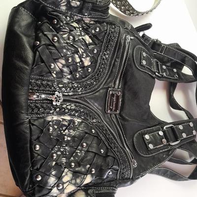 Angel Barcelo hobo bag style black tie dye like purse with Rhinestone BLING Guess Belt