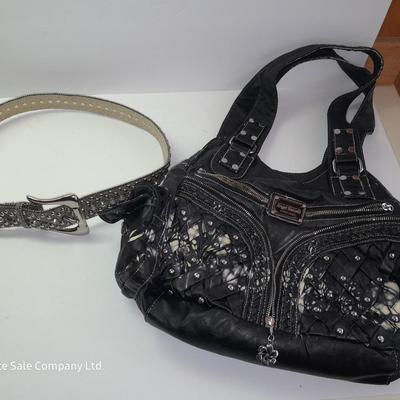 Angel Barcelo hobo bag style black tie dye like purse with Rhinestone BLING Guess Belt