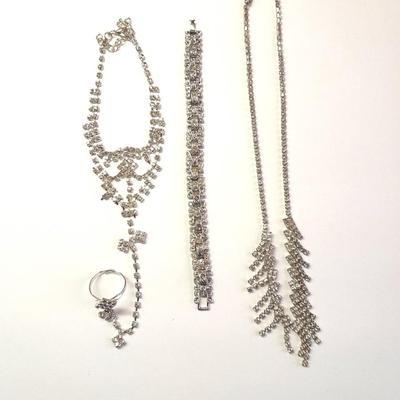 Rhinestone Jewlery - Necklace - Bracelet with ring attached. and another Bracelet