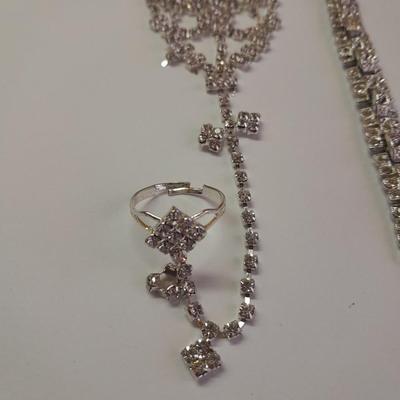 Rhinestone Jewlery - Necklace - Bracelet with ring attached. and another Bracelet