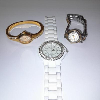 Three Women's watches - Anne Klein II - Gossip - and gold toned band with rhinestones.