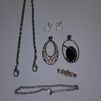 Two Pendants - Lia Sophia - gold toned fashion pin - and set of earrings.