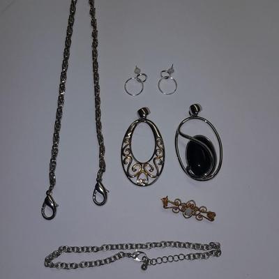 Two Pendants - Lia Sophia - gold toned fashion pin - and set of earrings.