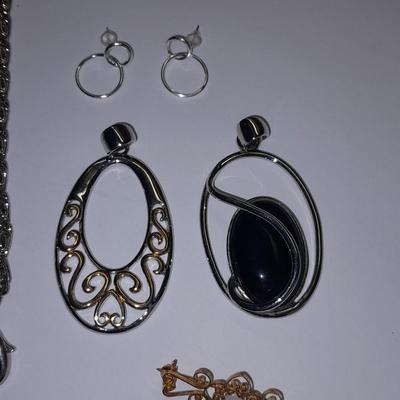 Two Pendants - Lia Sophia - gold toned fashion pin - and set of earrings.