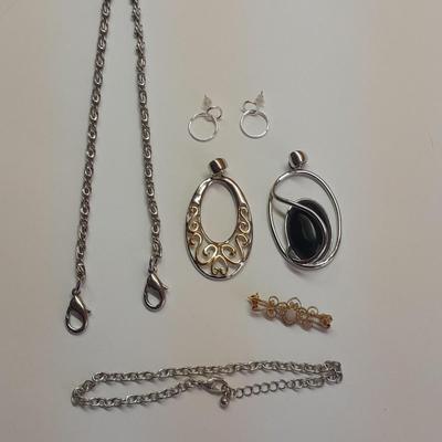 Two Pendants - Lia Sophia - gold toned fashion pin - and set of earrings.