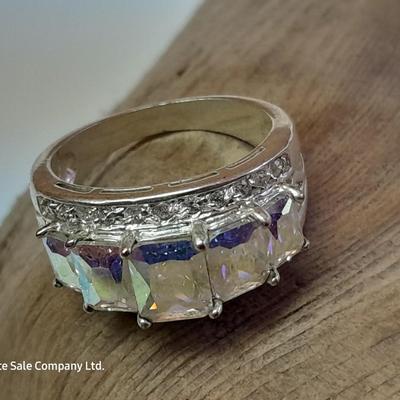 Rhinestone ring BLING! with tear drop like pearl colored necklace and matching earrings