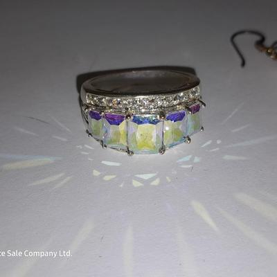 Rhinestone ring BLING! with tear drop like pearl colored necklace and matching earrings