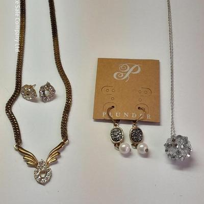 Gold toned rhinestone necklace with matching earrings- Plunder earrings and a Bling ball pendant necklace.