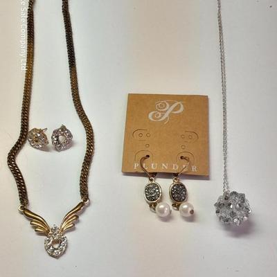Gold toned rhinestone necklace with matching earrings- Plunder earrings and a Bling ball pendant necklace.