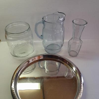 Glass water pitcher, Vase and MASON Jar canister with chrome metal tray