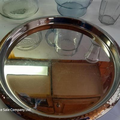 Glass water pitcher, Vase and MASON Jar canister with chrome metal tray