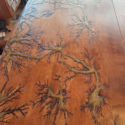 STUNNING Custom one of a kind Lichtenberg fractal burned GLOW IN THE DARK dining room table with leaf.