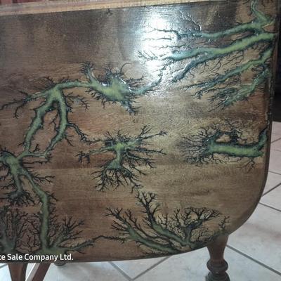 STUNNING Custom one of a kind Lichtenberg fractal burned GLOW IN THE DARK dining room table with leaf.