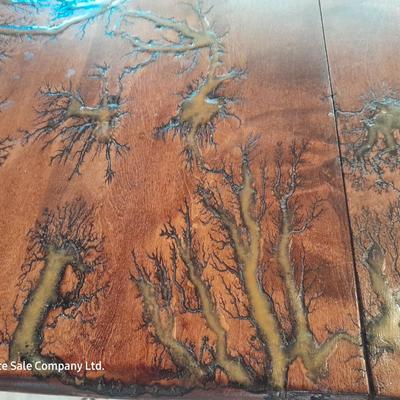 STUNNING Custom one of a kind Lichtenberg fractal burned GLOW IN THE DARK dining room table with leaf.