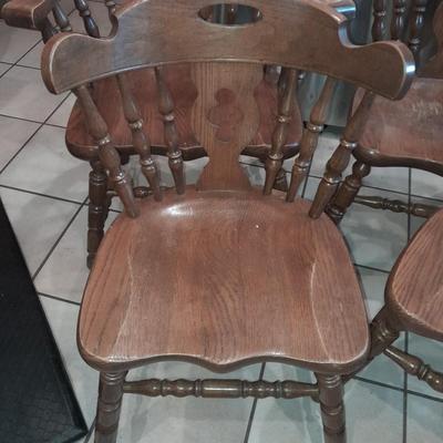 Six matching solid oak wood Tell City chair company dining room chairs - 2 captain chairs TANBARK OAK