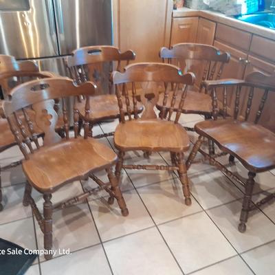 Six matching solid oak wood Tell City chair company dining room chairs - 2 captain chairs TANBARK OAK