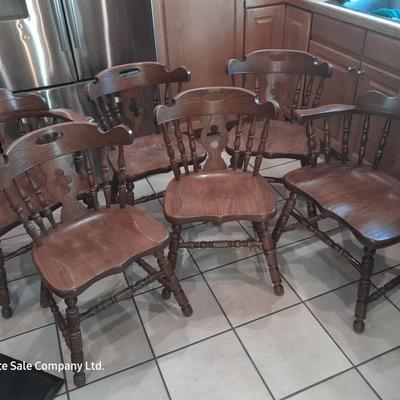 Six matching solid oak wood Tell City chair company dining room chairs - 2 captain chairs TANBARK OAK