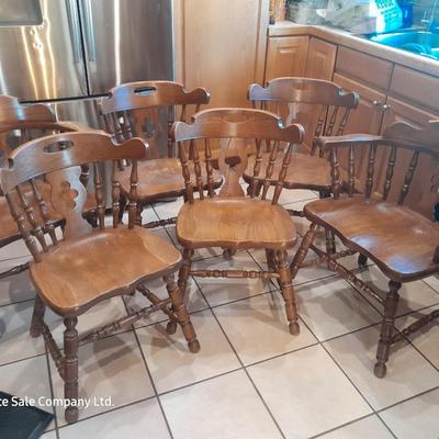 Six matching solid oak wood Tell City chair company dining room chairs - 2 captain chairs TANBARK OAK