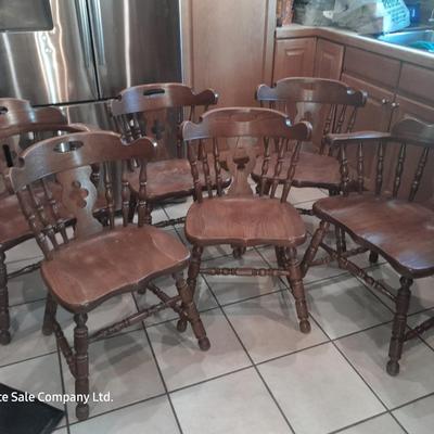 Six matching solid oak wood Tell City chair company dining room chairs - 2 captain chairs TANBARK OAK