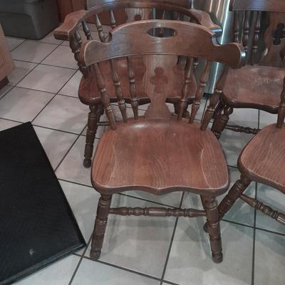 Six matching solid oak wood Tell City chair company dining room chairs - 2 captain chairs TANBARK OAK