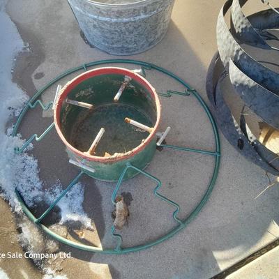 Galvanized metal bucket, Metal Tree stand and whirly- gig part