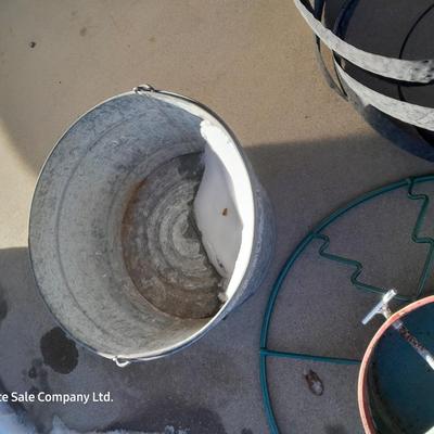 Galvanized metal bucket, Metal Tree stand and whirly- gig part